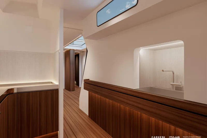  Yacht Photos Pics Luxurious interior of 2026 Mylius 72 yacht with modern wood finishes and sleek design.