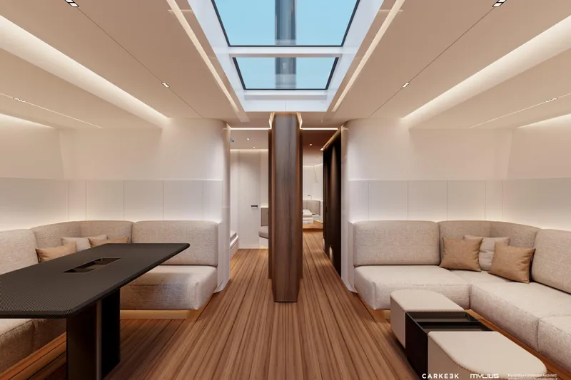  Yacht Photos Pics Luxurious interior of 2026 Mylius 72 yacht with modern seating and skylight.