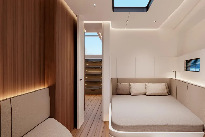  Yacht Photos Pics Luxurious Mylius 72 yacht interior, 2026 model, featuring modern bedroom design with skylight.
