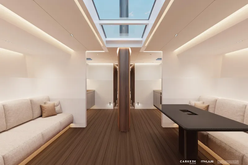  Yacht Photos Pics Luxurious interior of 2026 Mylius 72 yacht with modern design and skylight.