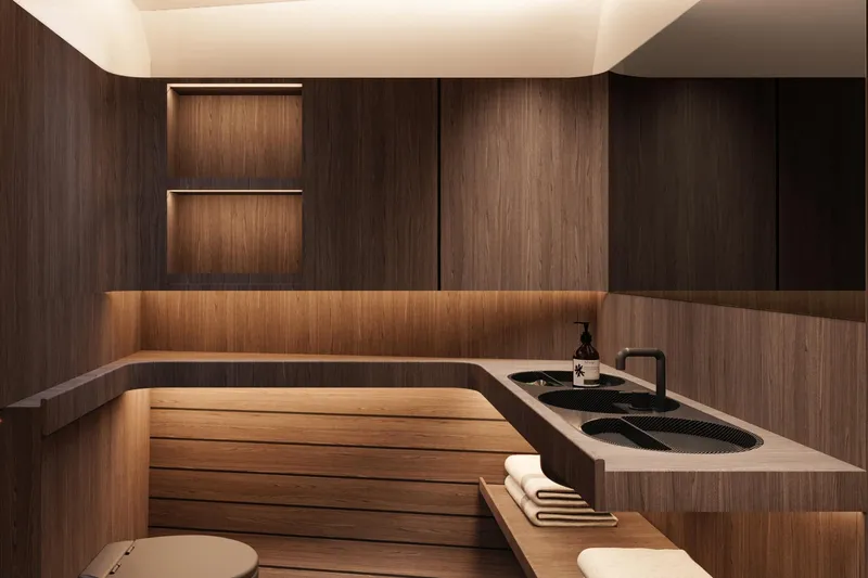  Yacht Photos Pics Luxurious Mylius 72 yacht interior bathroom with modern wood design, 2026 model.