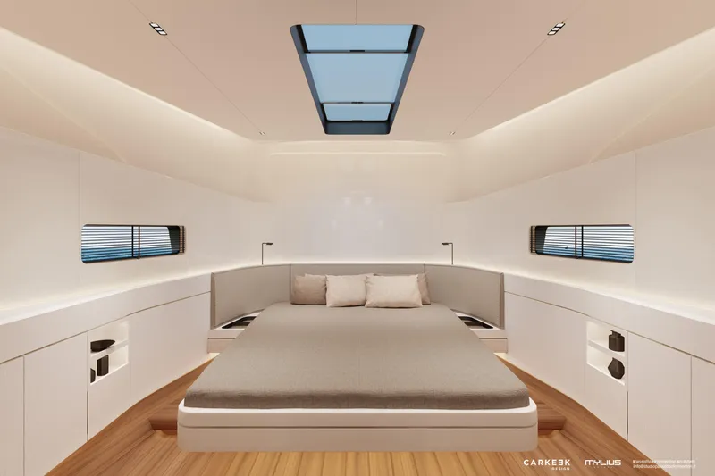  Yacht Photos Pics Luxurious interior of 2026 Mylius 72 yacht with modern design and skylight.