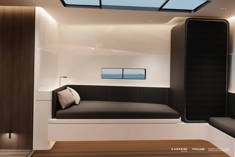  Yacht Photos Pics Luxurious interior of 2026 Mylius 72 yacht with modern design and comfortable seating.