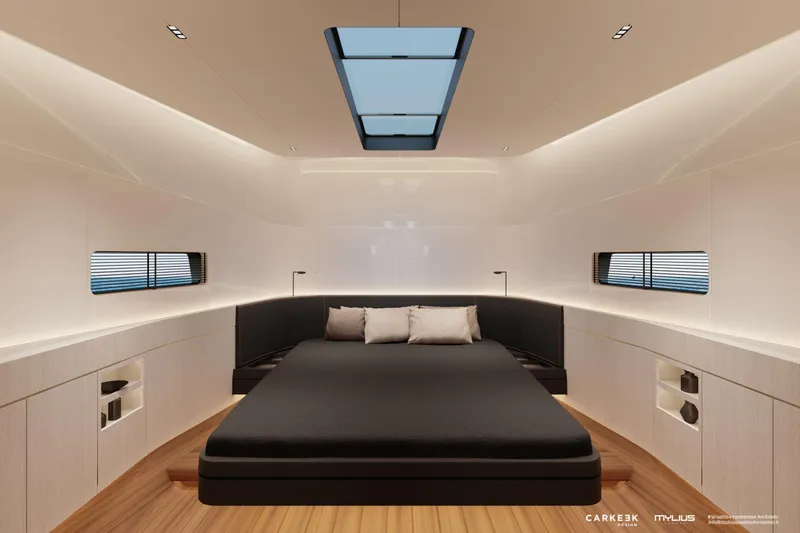  Yacht Photos Pics Luxurious interior of 2026 Mylius 72 yacht with modern design and skylight.