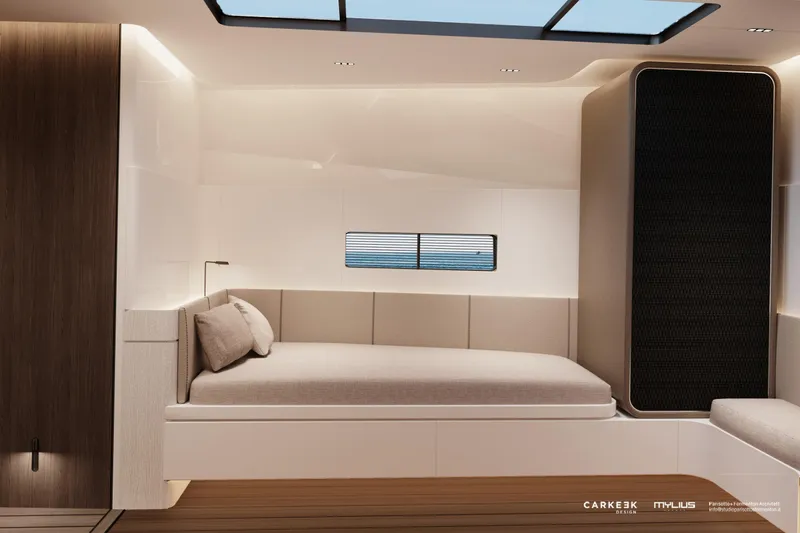  Yacht Photos Pics Luxurious interior of 2026 Mylius 72 yacht with modern design and comfortable seating.