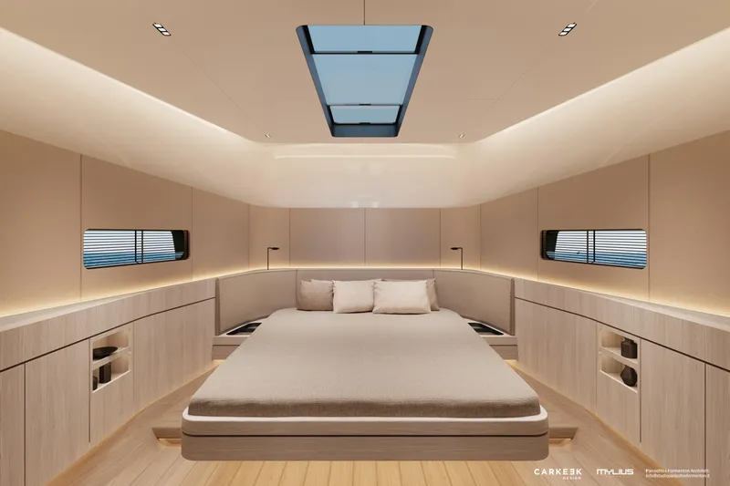  Yacht Photos Pics Luxurious interior of 2026 Mylius 72 yacht with modern design and skylight.