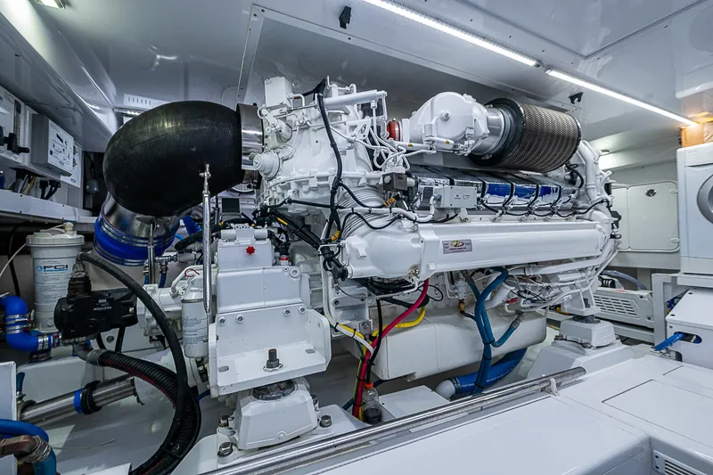 Boobah Yacht Photos Pics Engine room of 2017 F&S Custom Express Sportfish, showcasing advanced marine machinery.