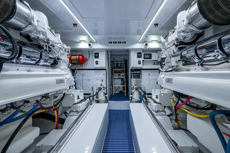 Boobah Yacht Photos Pics Engine room of 2017 F&S Custom Express Sportfish, featuring advanced machinery and clean design.