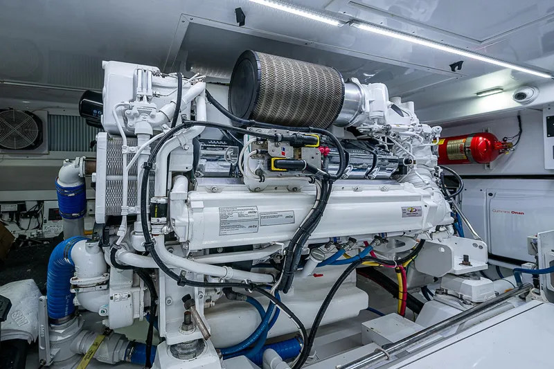 Boobah Yacht Photos Pics Engine room of 2017 F&S Custom Express Sportfish, showcasing advanced marine machinery.