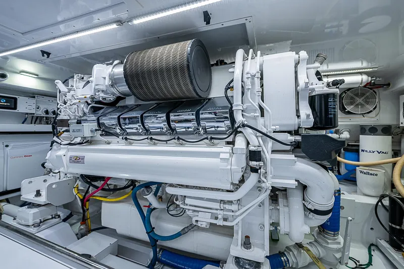 Boobah Yacht Photos Pics Engine room of 2017 F&S Custom Express Sportfish, showcasing advanced marine machinery.