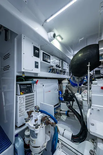 Boobah Yacht Photos Pics Engine room of 2017 F&S Custom Express Sportfish, showcasing advanced marine equipment.