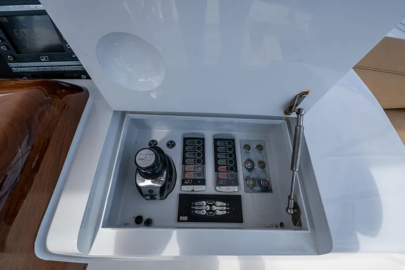 Boobah Yacht Photos Pics Control panel of 2017 F&S Custom Express Sportfish boat with joystick and switches.