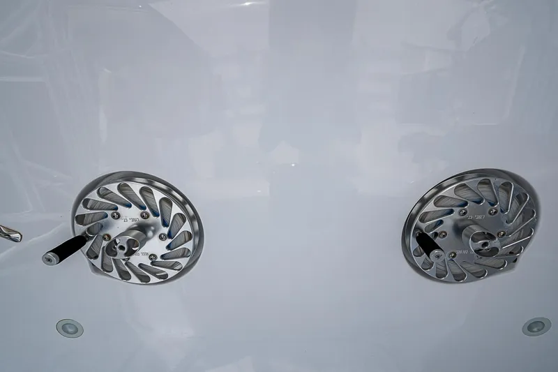 Boobah Yacht Photos Pics Close-up of 2017 F&S Custom Express Sportfish fishing reel mechanisms.