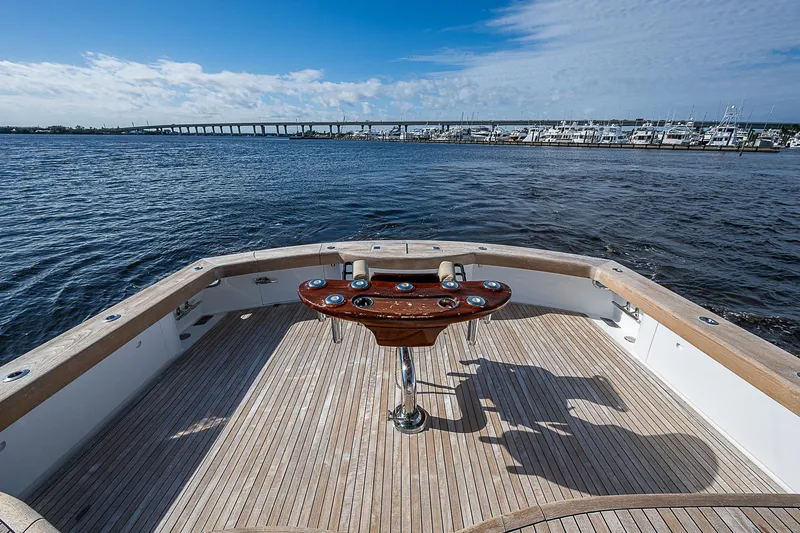 Boobah Yacht Photos Pics 2017 F&S Custom Express Sportfish boat deck with ocean view and marina in background.