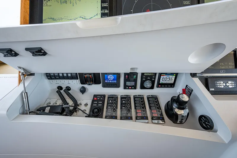 Boobah Yacht Photos Pics Control panel of 2017 F&S Custom Express Sportfish boat with navigation instruments.