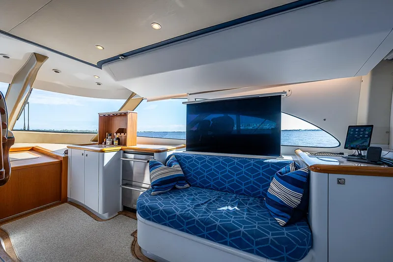 Boobah Yacht Photos Pics Luxurious 2017 F&S Custom Express Sportfish interior with modern seating and ocean view.