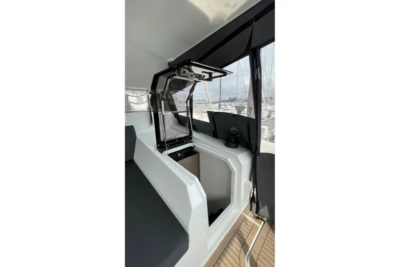 Maeva Yacht Photos Pics 2023 Fountaine Pajot Aura 51 Catamaran interior with sleek design and modern features.