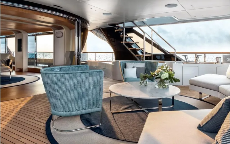  Yacht Photos Pics Luxurious interior of 2026 Benetti Motopanfilo 37 yacht with elegant seating and ocean view.