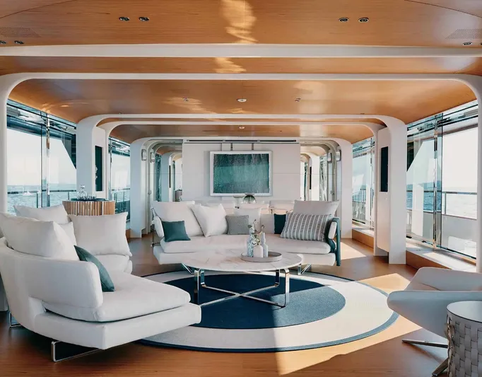  Yacht Photos Pics Luxurious interior of 2026 Benetti Motopanfilo 37 yacht with elegant seating and panoramic views.