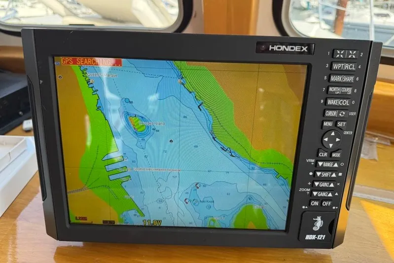  Yacht Photos Pics GPS navigation screen on a LEBLANC Leo 38 boat, displaying a marine map.