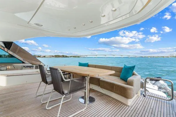  Yacht Photos Pics Luxurious 2018 Monte Carlo Yachts MCY 70 deck with seating, overlooking serene blue waters.