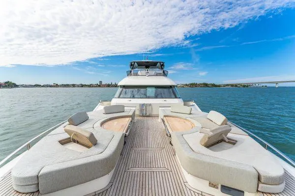  Yacht Photos Pics 2018 Monte Carlo Yachts MCY 70 on open water, featuring spacious deck and seating.