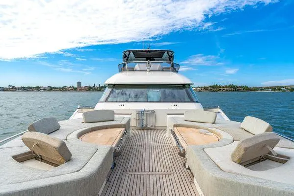  Yacht Photos Pics 2018 Monte Carlo Yachts MCY 70 on serene water with luxurious deck seating.