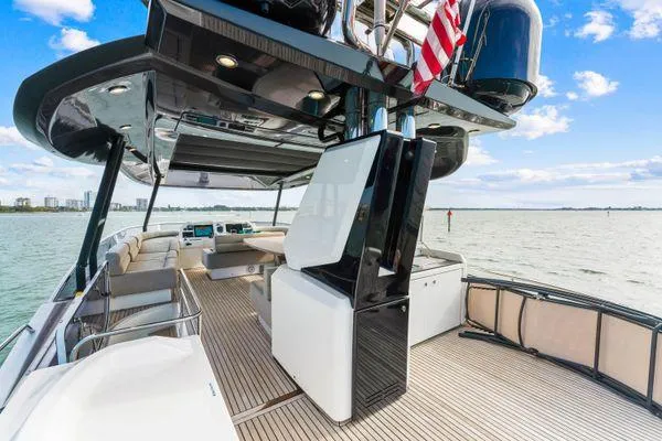  Yacht Photos Pics Luxurious 2018 Monte Carlo Yachts MCY 70 on open water, featuring spacious deck and modern amenities.