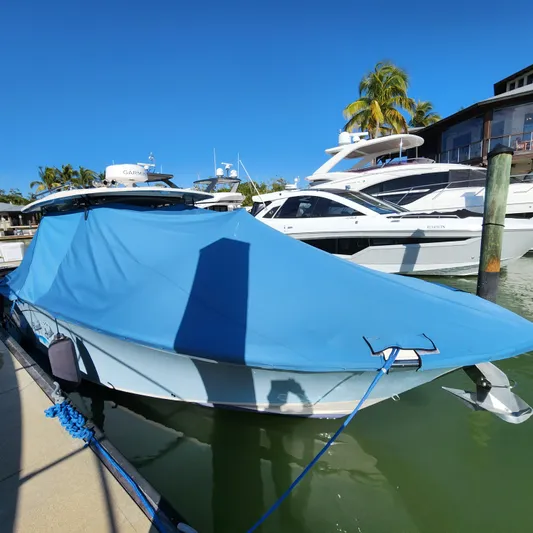 Liquid Asset Yacht Photos Pics 2022 Grady-White 326 CANYON boat docked with blue cover.