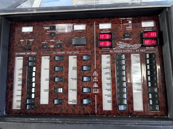 Just Chillin Yacht Photos Pics Electrical control panel of a 2006 Viking Princess 61 Flybridge yacht.