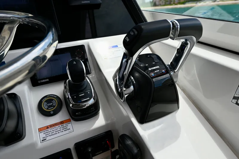  Yacht Photos Pics Control panel of 2018 World Cat 320 DC boat with Yamaha throttle and joystick.