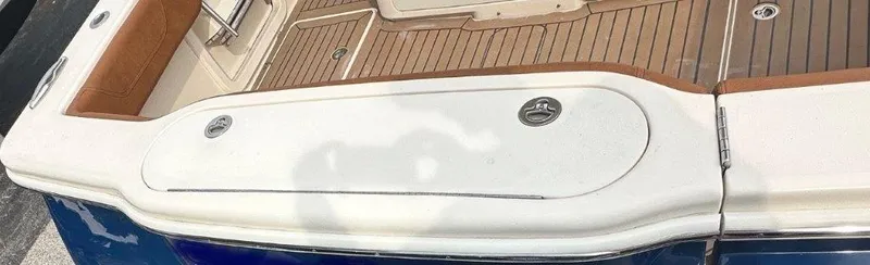  Yacht Photos Pics 2018 Scout 350 LXF boat deck with teak flooring and white trim.