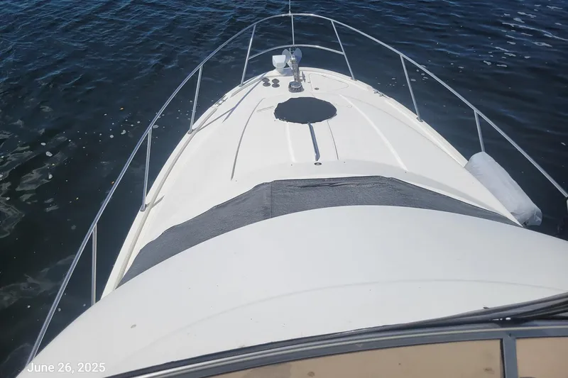 'perrydise' Yacht Photos Pics Bow view of 2007 Meridian 341 Sedan yacht on water, dated June 26, 2025.