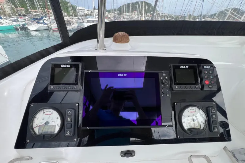 Mocean Yacht Photos Pics Cockpit of 2017 Lagoon 42 catamaran with B&G navigation displays and gauges.