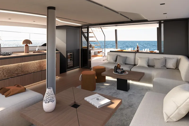  Yacht Photos Pics Luxurious interior of 2025 Simbad 55 yacht with modern furnishings and ocean view.