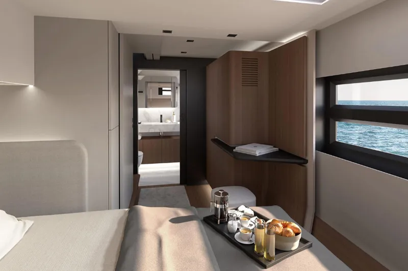  Yacht Photos Pics Luxurious Simbad 55 yacht interior, featuring elegant bedroom and ocean view, 2025 model.