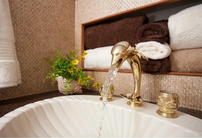 Savoy Yacht Photos Pics Luxurious bathroom sink with gold faucet, plush towels, and decorative flowers.