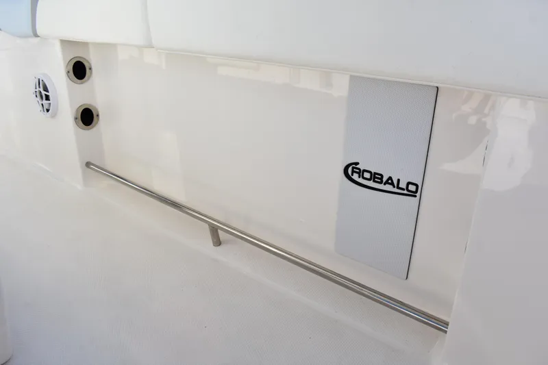  Yacht Photos Pics 2022 Robalo R272 Center Console interior detail with logo and stainless steel rail.