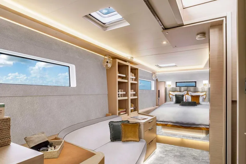  Yacht Photos Pics Luxurious interior of 2026 Moody 48DS yacht with modern design and elegant furnishings.