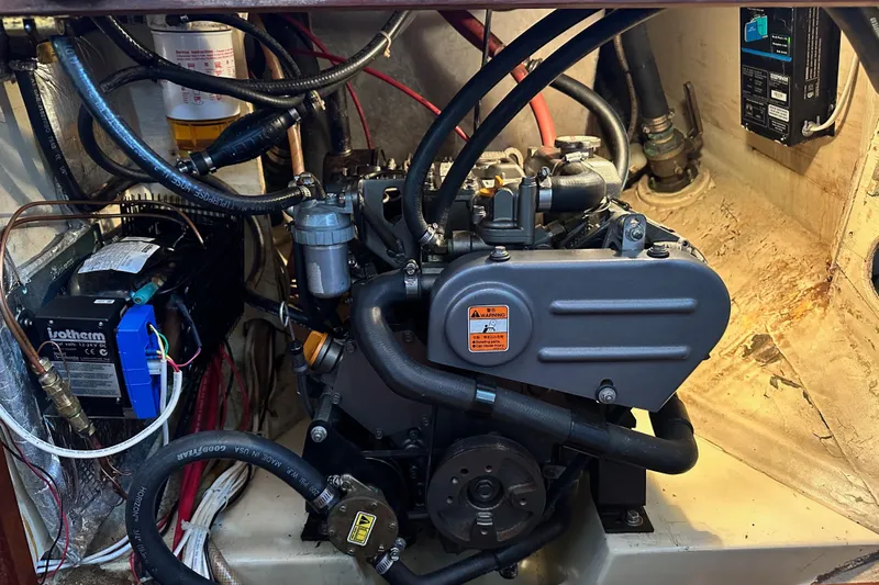 Solimar Yacht Photos Pics Engine compartment of a 2000 Sam L. Morse Bristol Channel Cutter 28 sailboat.