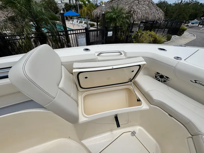  Yacht Photos Pics 2025 Scout 305 LXF boat interior with open storage compartment, white seating, and poolside view.