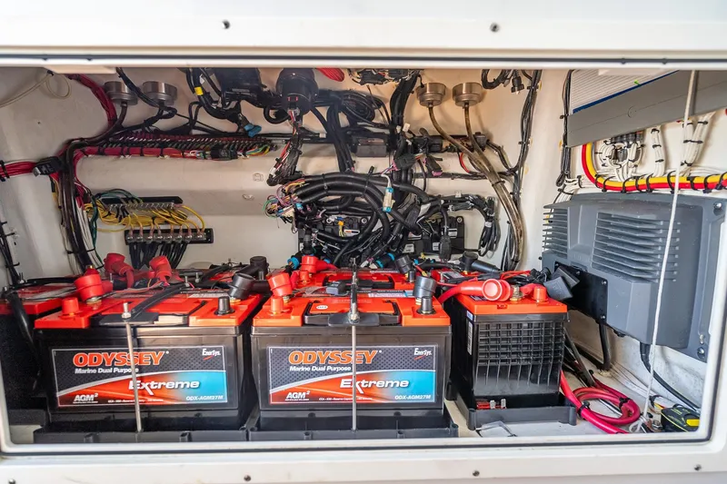  Yacht Photos Pics Electrical compartment of a 2019 Freeman 42LR with Odyssey marine batteries and wiring.