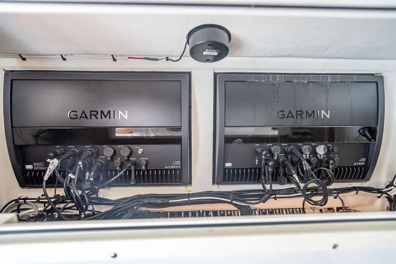  Yacht Photos Pics Garmin electronics setup on 2019 Freeman 42LR boat, featuring advanced navigation systems.