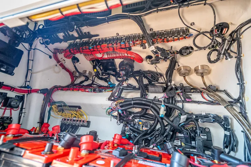  Yacht Photos Pics Electrical wiring and components inside a 2019 Freeman 42LR boat.