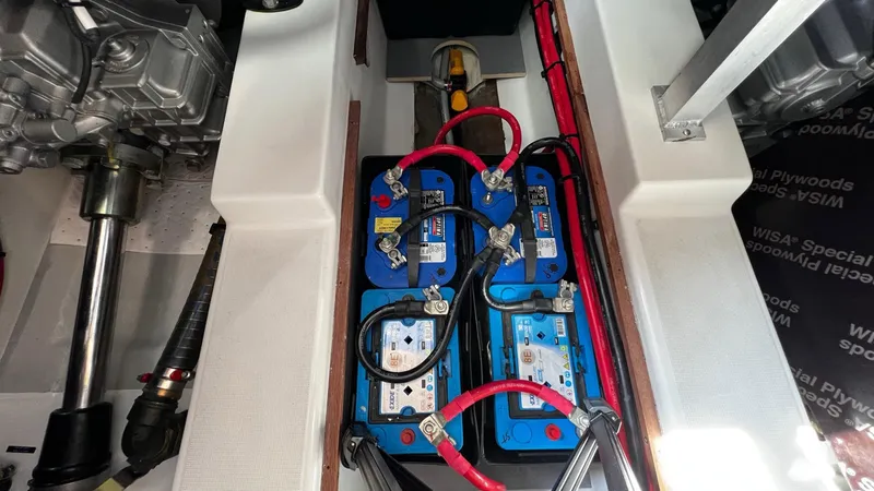 Libertad Yacht Photos Pics Engine compartment of 2020 Beneteau Swift Trawler 44 with batteries and wiring.