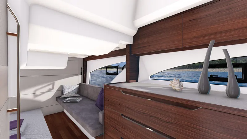  Yacht Photos Pics Luxurious interior of 2025 Marex 390 yacht with modern wood finishes and scenic window views.