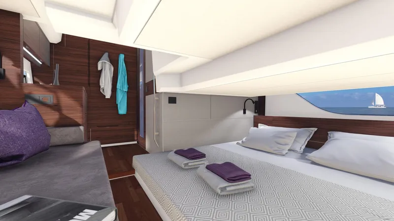  Yacht Photos Pics Luxurious interior of 2025 Marex 390 yacht with cozy bedding and modern design.