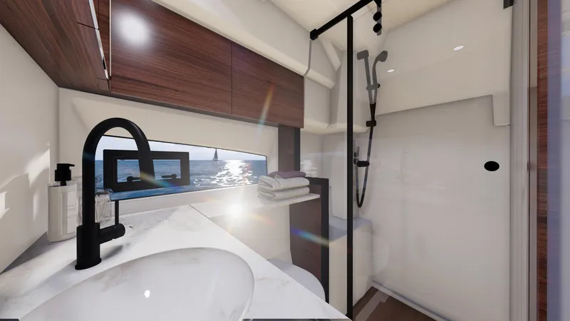  Yacht Photos Pics Luxurious Marex 390 yacht bathroom interior, 2025 model, featuring modern fixtures and ocean view.