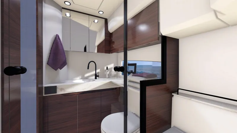  Yacht Photos Pics Luxurious bathroom interior of 2025 Marex 390 yacht with modern fixtures and elegant design.