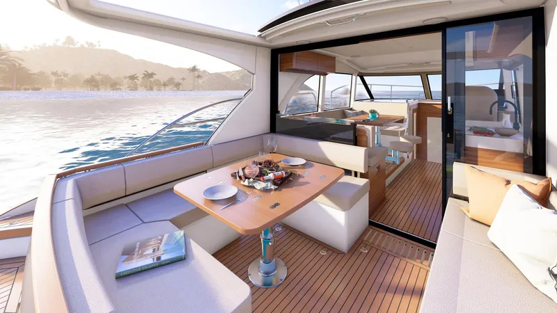  Yacht Photos Pics Luxurious Marex 390 yacht interior, 2025 model, featuring elegant seating and dining area.